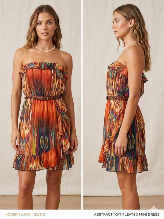 Modern Love Dresses & Skirts - NEW Modern Love Strapless Ikat Mini Dress Ruffle Trim Belted Boho Size Small